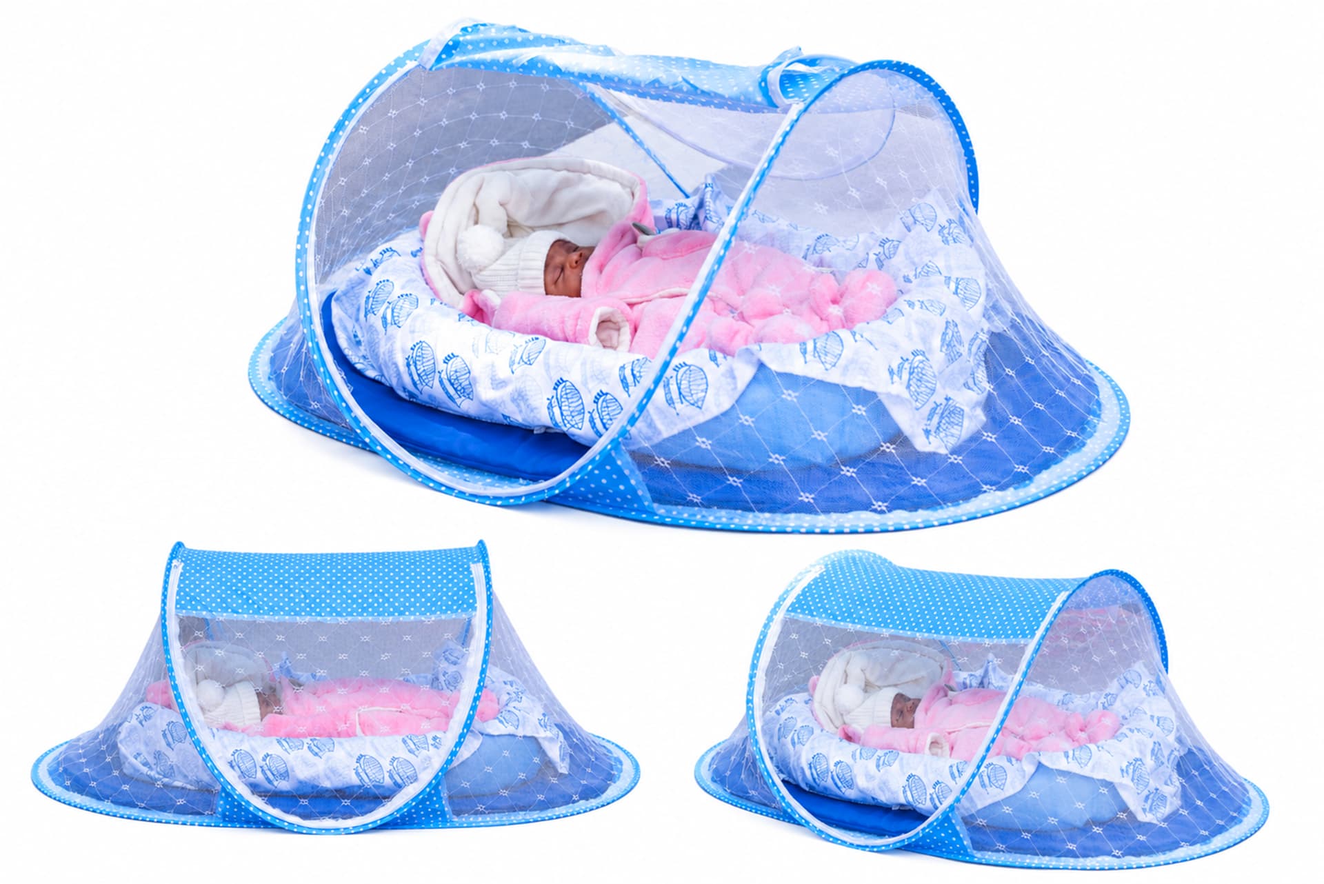 Travel Che Nest shown open and packed down, with the mosquito net zipped over the baby